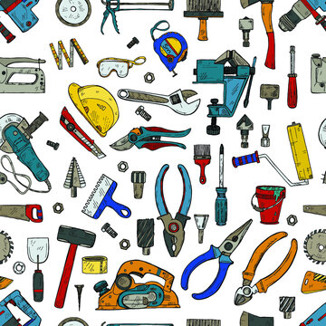 Seamless pattern with house repair tools including: hammer, sledgehammer, spatula, brush, nail, screw, nut, wrench  and other tools. Hand drawn vector collection