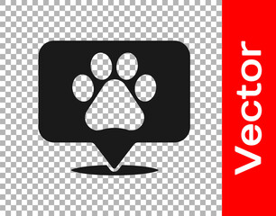 Black Map pointer with veterinary medicine hospital, clinic or pet shop for animals icon isolated on transparent background. Vet or veterinarian clinic. Vector.