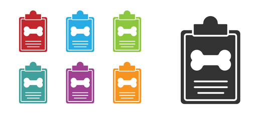 Black Clipboard with medical clinical record pet icon isolated on white background. Health insurance form. Medical check marks report. Set icons colorful. Vector.