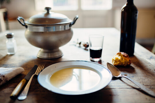 Still life of retro tureen and broth