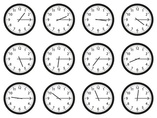 Set of analog wall clocks with black frame and hands. Flat style vector illustration. Simple classic round wall clock with Arab numbers isolated on white background. Quarter past every hour