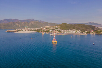 The cable car at Nha Trang beach. Aerial view from drone