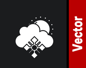 White Cloud with snow and sun icon isolated on black background. Cloud with snowflakes. Single weather icon. Snowing sign. Vector.