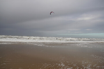 North Sea with a sandy beach in the Netherlands near the village of Bergen aan Zee and a December storm. A kite surfer on the waves in the distance. 