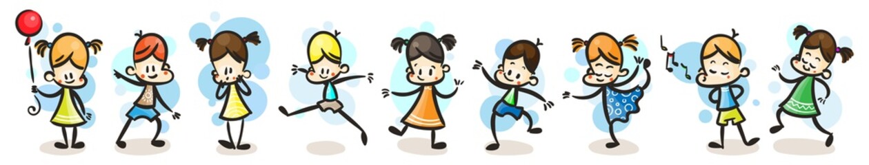 Collection of happy cartoon kids, colored hand drawn doodle outline style