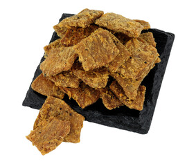 Plant based vegetarian high protein jerky snack isolated on a white background