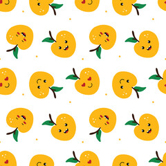Cartoon style cute yellow apples characters, emoji vector seamless pattern background.