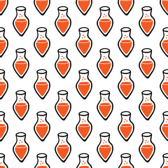 Vector seamless pattern background with cute cartoon style potions, flasks, elixirs.