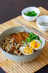 Ramen soup with noodles, pork, mushrooms and eggs. Japanese cuisine. Recipe.