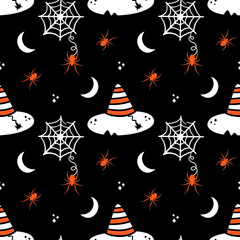 Halloween vector seamless pattern background with witch hats, spider web, spiders, moon and stars.