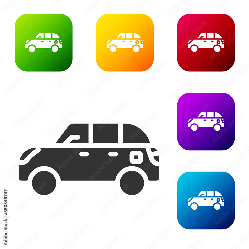 Sticker black hatchback car icon isolated on white background. set icons in color square buttons. vector.