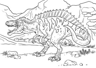 Big carnivorous dinosaur - Acrocanthosaurus.  Dino coloring page and coloring book template. © Lunstream