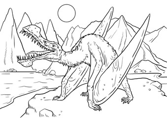 Prehistoric pterosaur - Anhanguerra. Flying reptiles from jurassic period. Coloring book template. © Lunstream