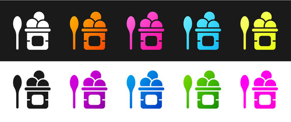 Set Ice cream in the bowl and spoon icon isolated on black and white background. Sweet symbol. Vector.