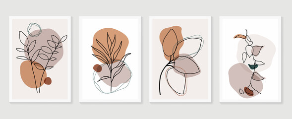 Botanical wall art vector set. boho Foliage line art drawing with abstract shape. Abstract Plant Art design for print, cover, wallpaper, Minimal and natural wall art.