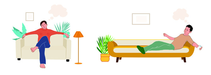 Collection of dreaming people isolated on white. Smiling thoughtful young men and women working and relax at home. 