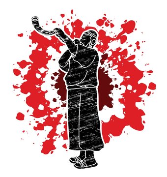 man blowing shofar red splatter background clip art preview