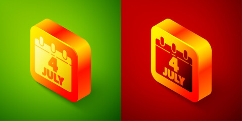 Isometric Day calendar with date July 4 icon isolated on green and red background. USA Independence Day. 4th of July. Square button. Vector.