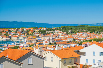 Naklejka na ściany i meble Panoramic view of town of Cres on the island of Cres in Croatia, beautiful Adriatic seascape