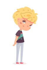 Sad angry boy standing. Frustrated child with dislike face expression. Negative emotion and distress vector illustration. Cute little kid in bad mood on white background