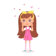 Cute girl in love and dreamy, hearts signs fly around. Child wears dress and bow in hair, isolated on white background. Vector character illustration of children gestures, emotions, types of moods.