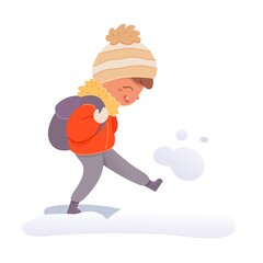 Kid walking in winter clothes outside. Happy boy in warm jacket and hat, standing in snow with backpack. Outfit for park walk vector illustration. Outdoor leisure activity