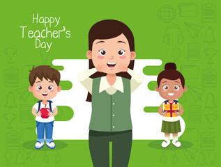 female teacher with kids lifting gift and apple