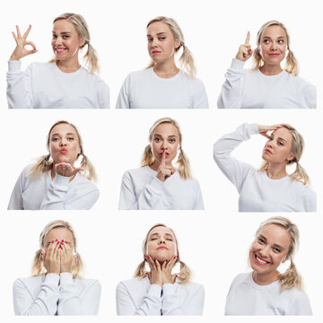 Emotional set of images of a young girl. Beautiful blonde in a white sweater. White background. Square format.