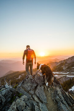 Man and his dog ontop of mountain at sunset