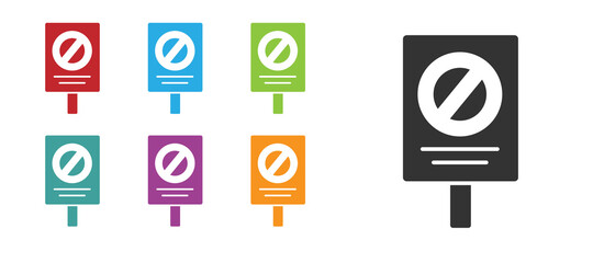 Black Protest icon isolated on white background. Meeting, protester, picket, speech, banner, protest placard, petition, leader, leaflet Set icons colorful Vector illustration