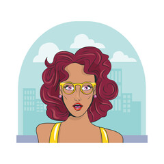 beautiful woman red hair and glasses pop art style