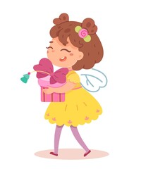 Kid holding Christmas or birthday present. Happy girl receiveing and walking with gift from parents or santa. Xmas box brings joy and happiness on holiday. Congatulation vector illustration