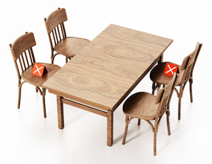 Restaurant or cafe table and chairs with cross icons. 3D illustration