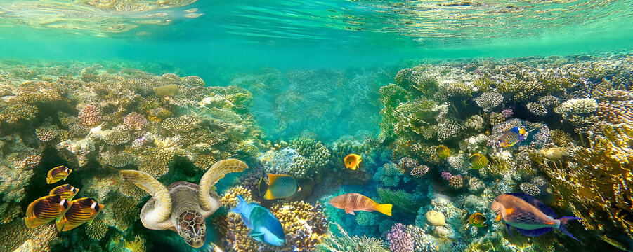 Coral Reef, Tropical Fish and Scuba Diver in the Red Sea