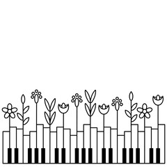 Music festival border, vector concept. Layout with piano keys and plants. Nature and music. Space for text. Black and white horizontal illustration
