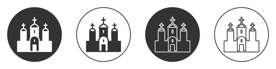 Black Church building icon isolated on white background. Christian Church. Religion of church. Circle button. Vector.