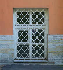 A basement window with a metal barrier