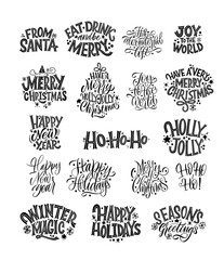 Happy New Year, typography lettering badge emblems quotes set collection. Great lettering for greeting cards, stickers, banners, prints and home interior decor. Xmas card. Merry Christmas 2021.
