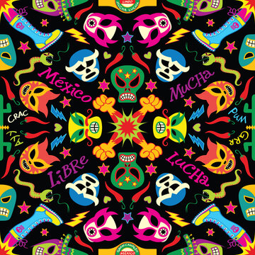 Colorful masks and symbols form a traditional pattern in homage to Mexican wrestling. Snakes, cactus, fists, boots, hearts, stars, skulls, hats, chili peppers and lightning bolts in mandala style