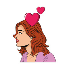 young woman profile with hearts pop art style character