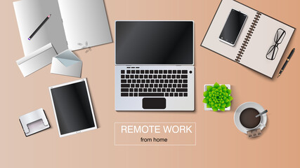Vector illustration of a workplace at remote work. Laptop, tablet, envelope, notebook, notepad, pen, pencil, cup of coffee, flower in a pot, stapler, smartphone. EPS 10.