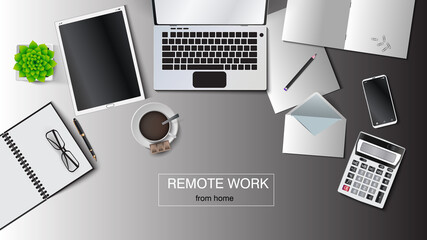 Vector illustration of a workplace at remote work. Laptop, tablet, envelope, notebook, notepad, pen, pencil, cup of coffee, flower in a pot, calculator, smartphone. EPS 10.