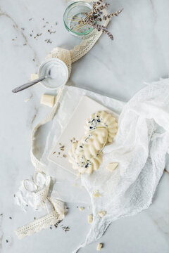 Homemade pralines with white chocolate and lavender