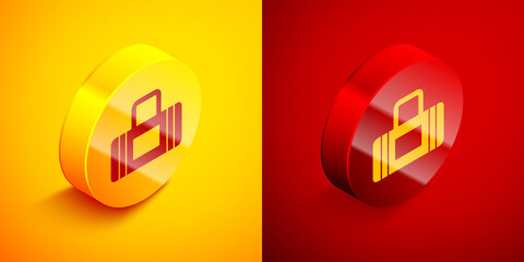 Isometric Sport bag icon isolated on orange and red background. Circle button. Vector.