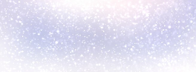 Snow fall on pastel blue lilac background. Blurred texture. Winter nature empty banner for holidays design. Outside light delicate illustration.