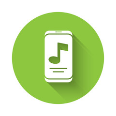 White Music player icon isolated with long shadow. Portable music device. Green circle button. Vector.