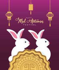 mid autumn celebration card with rabbits couple and lanterns