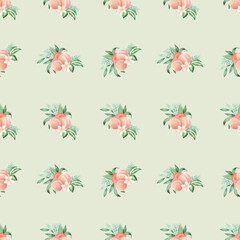 Watercolor peach with leaves seamless pattern. Good for wallpaper, website background, textile printing