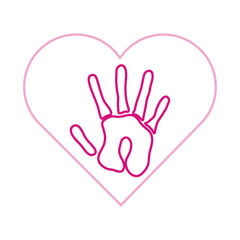 breast cancer awareness month, pink handprint painted in heart, healthcare concept line icon