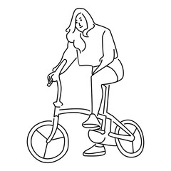 Young woman riding bicycles vector line art illustration